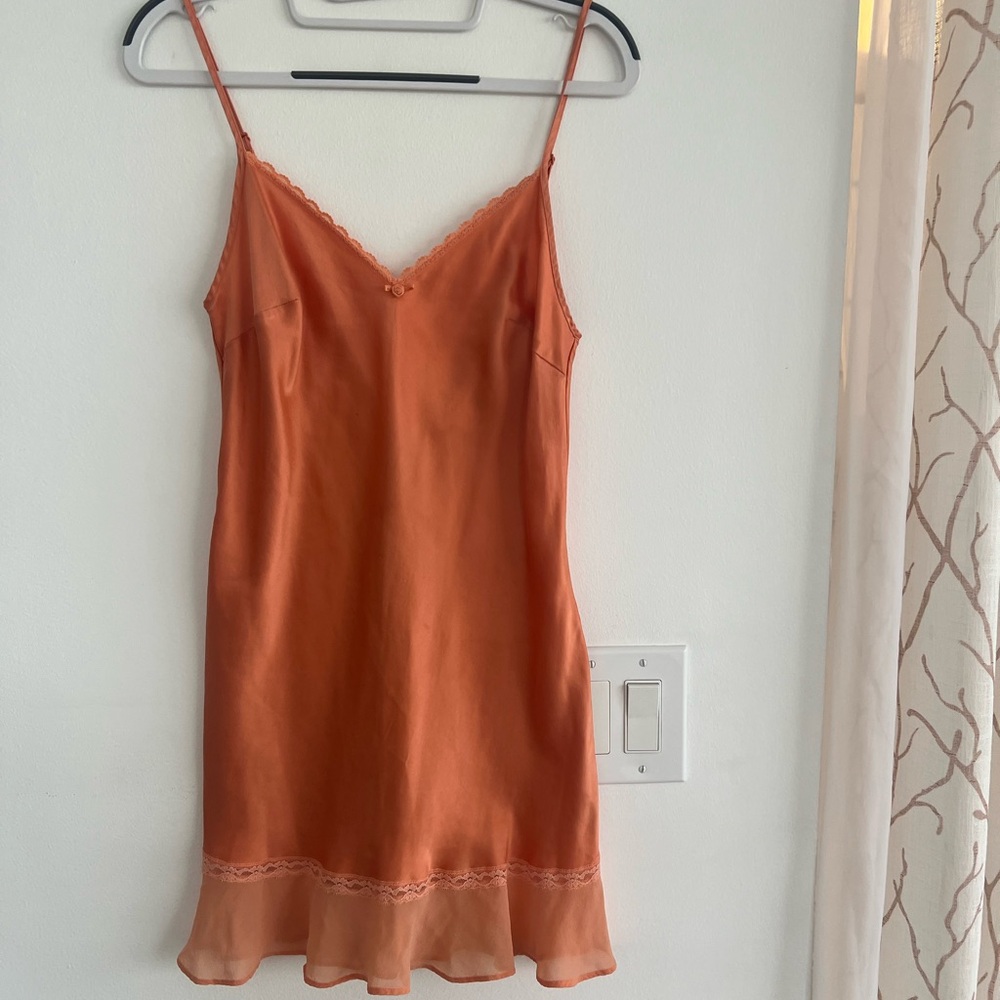Victoria's Secret Orange Satin Chemise with Lace Trim